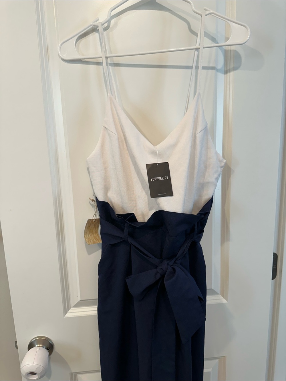 NWTs- White & Navy Paperbag Waist Jumpsuit with Tie Belt